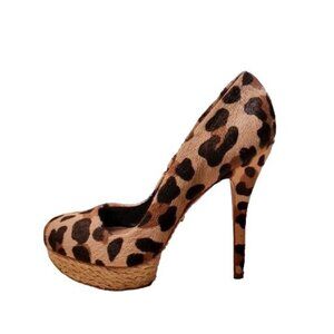 Schutz Platform Heel Pumps Women Sz 9B Calf‎ Hair Leopard Print Espadrille Work